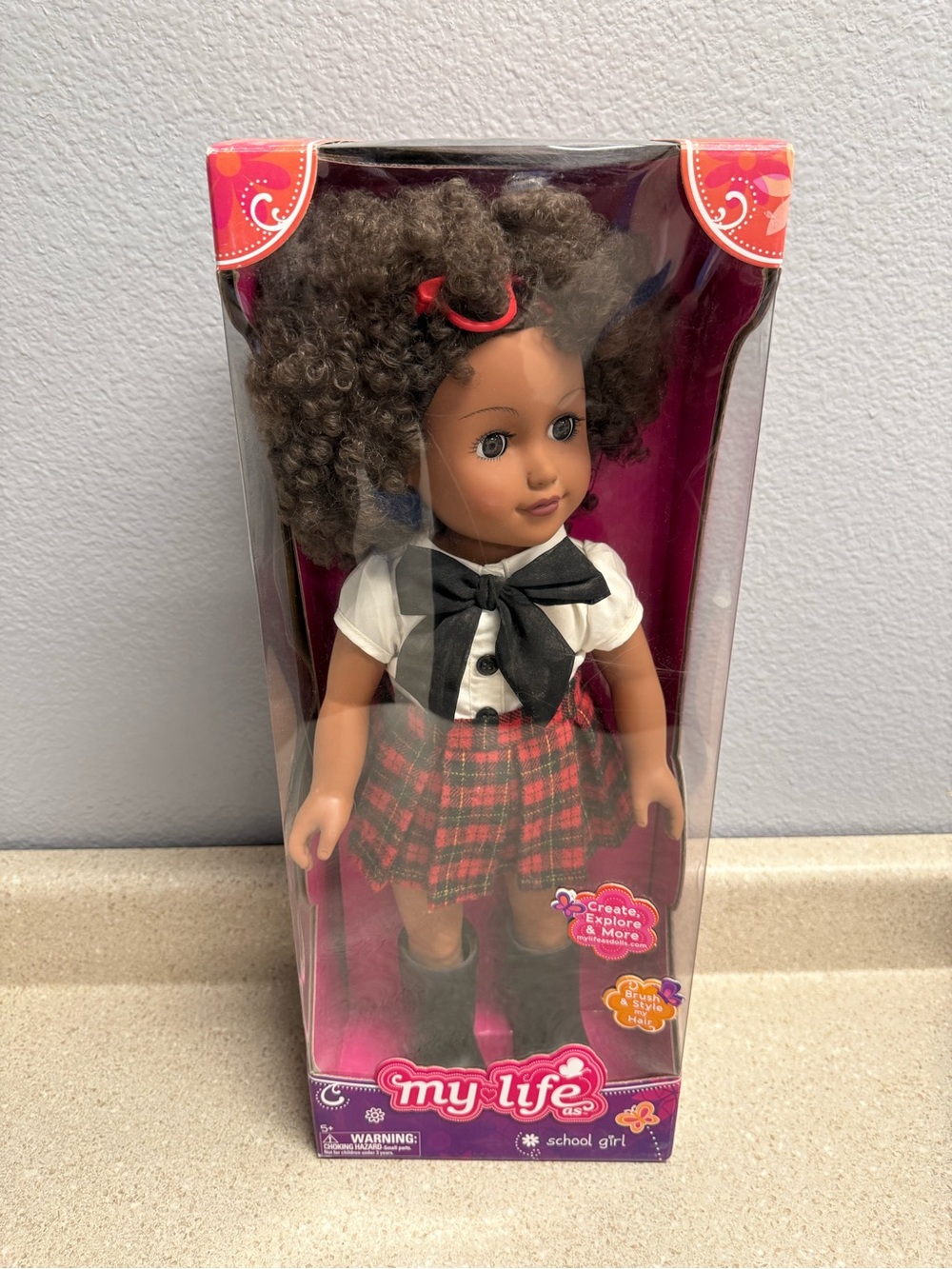 My Life School Girl Doll - Brown Skin with Black Curly Hair New 18in